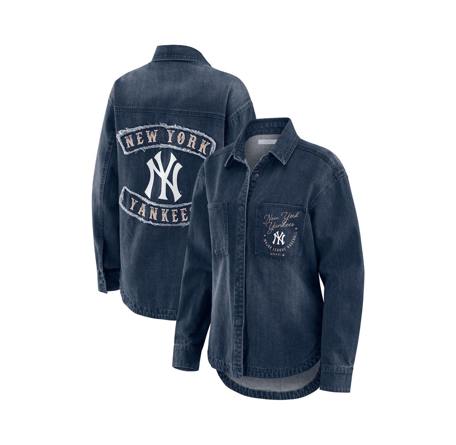 Women's Denim New York Yankees Washed Oversized Denim Full-Snap Shacket