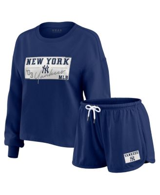 Women's Navy New York Yankees Heavy Rugby Jersey Cropped Long Sleeve T-Shirt & Shorts Lounge Set