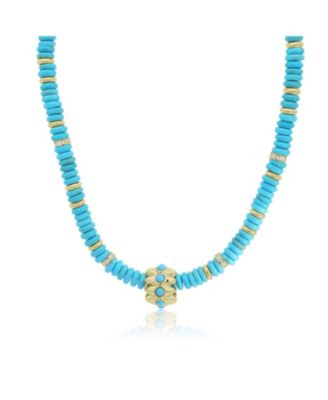 Turquoise Bead Rondel Necklace 18K Gold Plated Over Brass