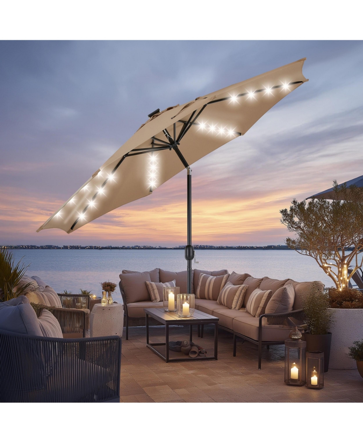 Yiortwo 9.5 Feet Solar Patio Umbrella with 32 Led Lights Tilt Crank Uv Resistant