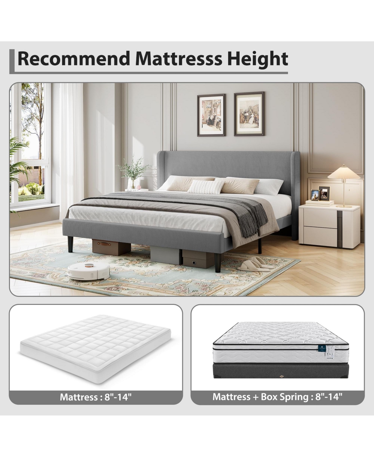 homfan Upholstered Platform Bed Frame with Wingback Headboard, 2 Storage Pockets, Wood Slat Support