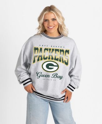 Women's Ash/Black Green Bay Packers Oversized Gridiron Drive Ringer Stripe Sweatshirt