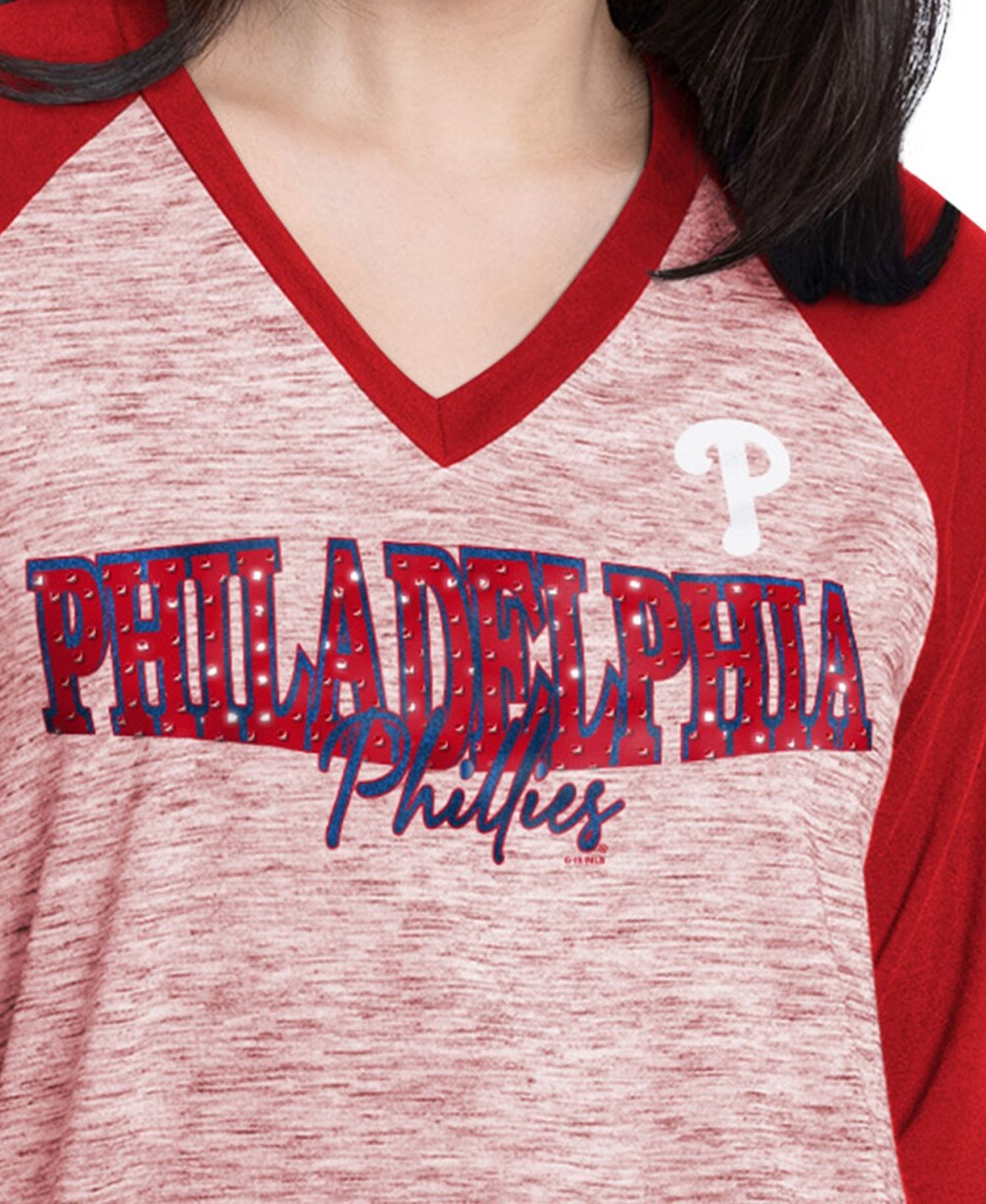 Women's Red/Heather Red Philadelphia Phillies Speed Training 3/4-Sleeve Rhinestone V-Neck T-Shirt