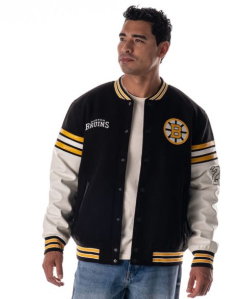 Женские куртки The Wild Collective Men's and Women's Black Boston Bruins Drop Shoulder Full-Snap Varsity Jacket