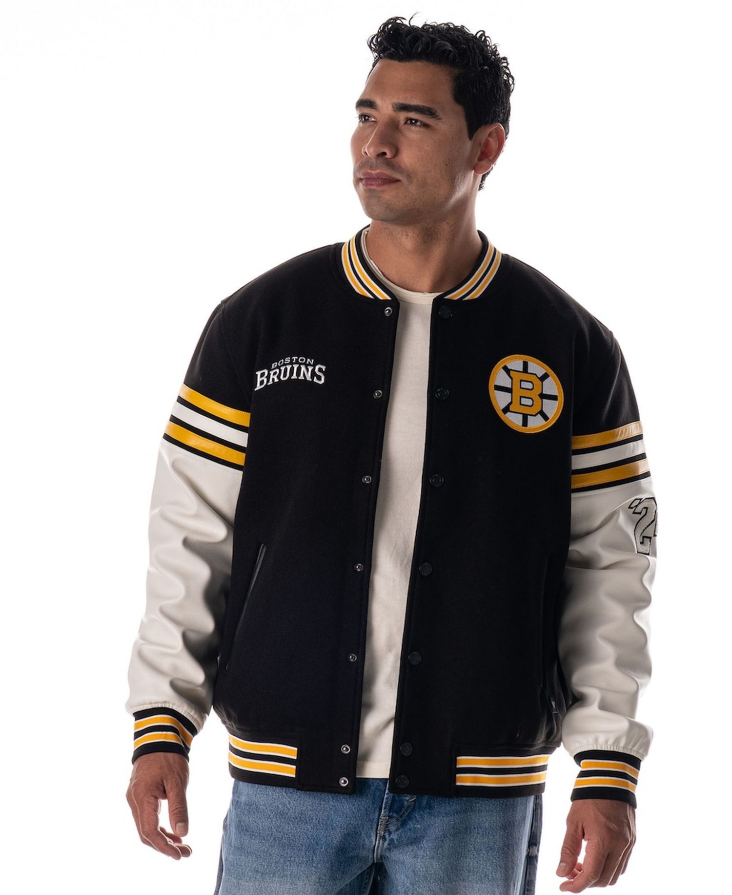 Men's and Women's Black Boston Bruins Drop Shoulder Full-Snap Varsity Jacket