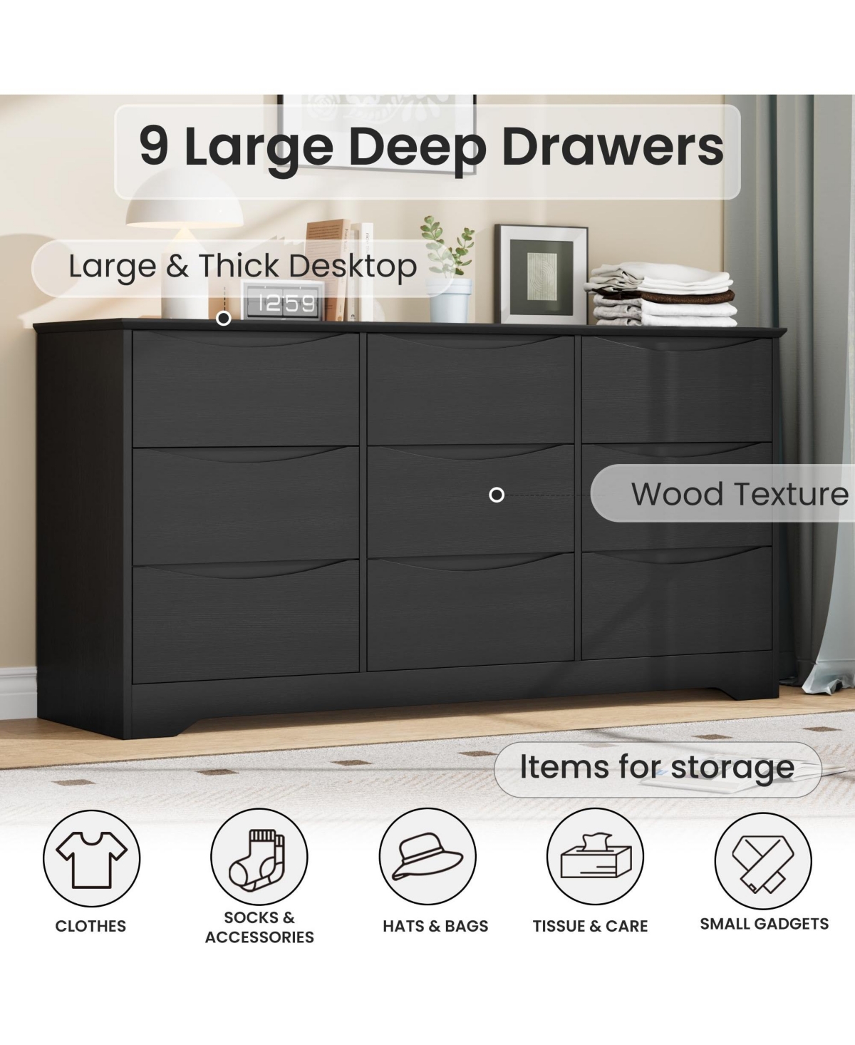 homfan 9-Drawer Wooden Dresser, Tall Modern Chest with Deep Storage, Wide Top Long Dresser for Bedroom, Living Room, Hallway, Kids Room