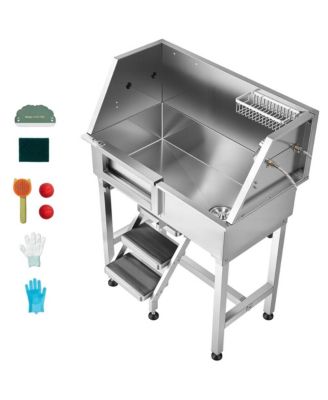 34 inch Stainless Steel Dog Grooming Bathtub with Non Slip Stairs and Faucet Left Door