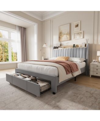 Upholstered Bed Frame with Storage Headboard, Charging Station, Underbed Drawers, Wood Slat Support, No Box Spring Needed