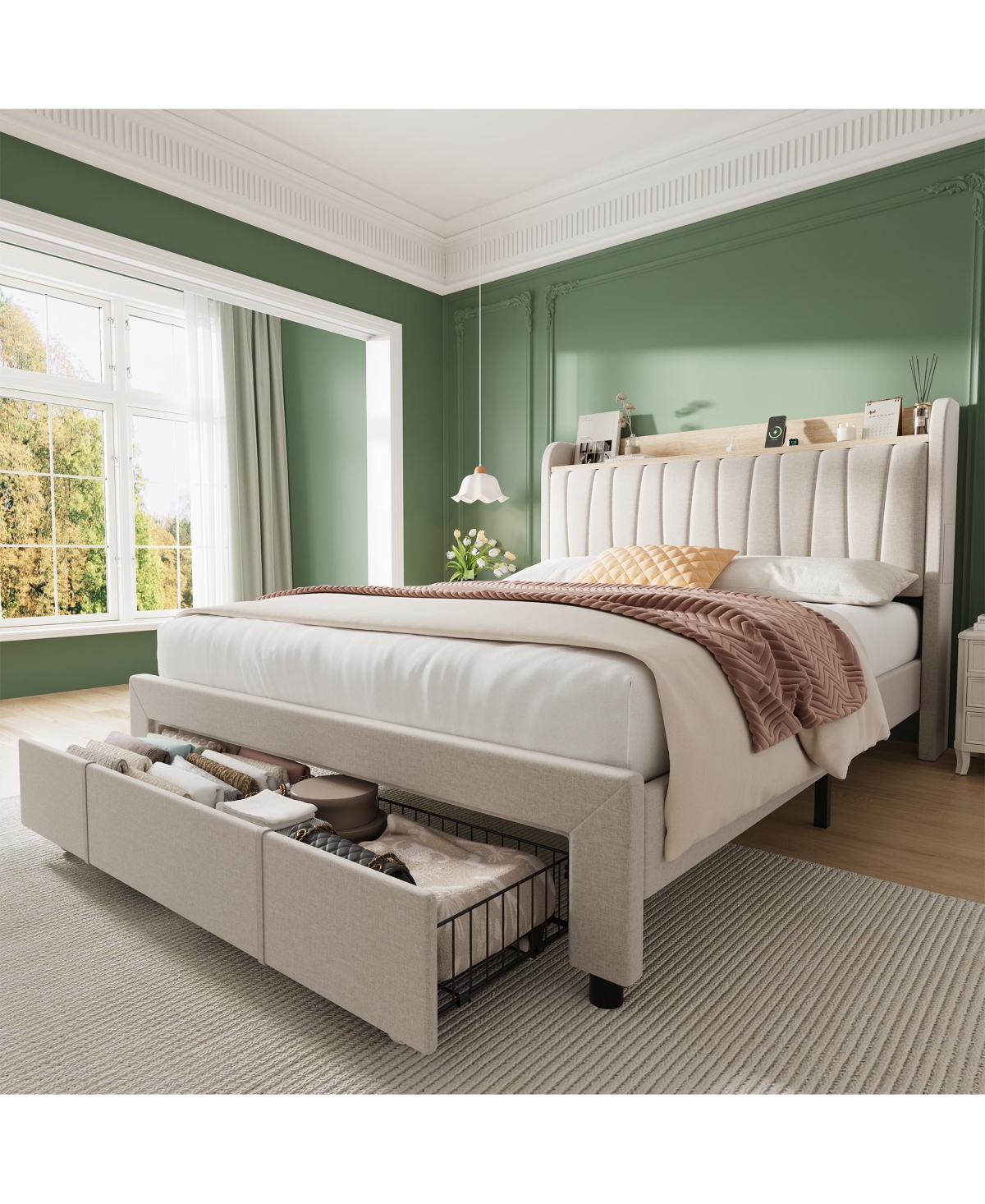 homfan Upholstered Bed Frame with Storage Headboard, Charging Station, Underbed Drawers, Wood Slat Support, No Box Spring Needed