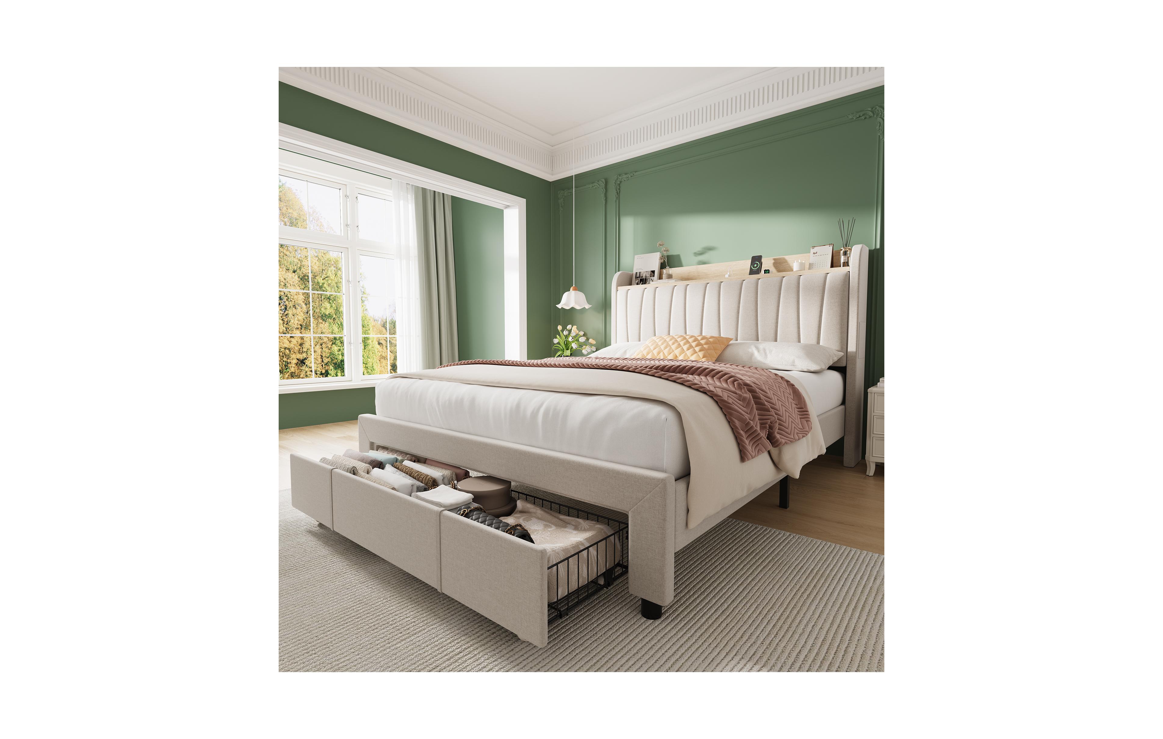 homfan Upholstered Bed Frame with Storage Headboard, Charging Station, Underbed Drawers, Wood Slat Support, No Box Spring Needed