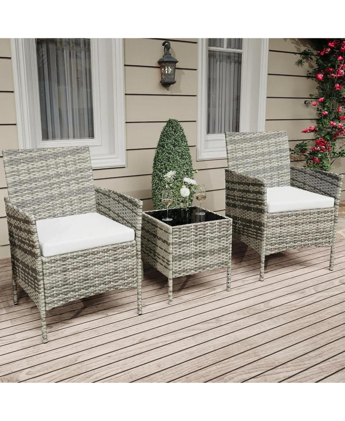 gaomon Wicker Bistro Set with Glass Table, and Cushions