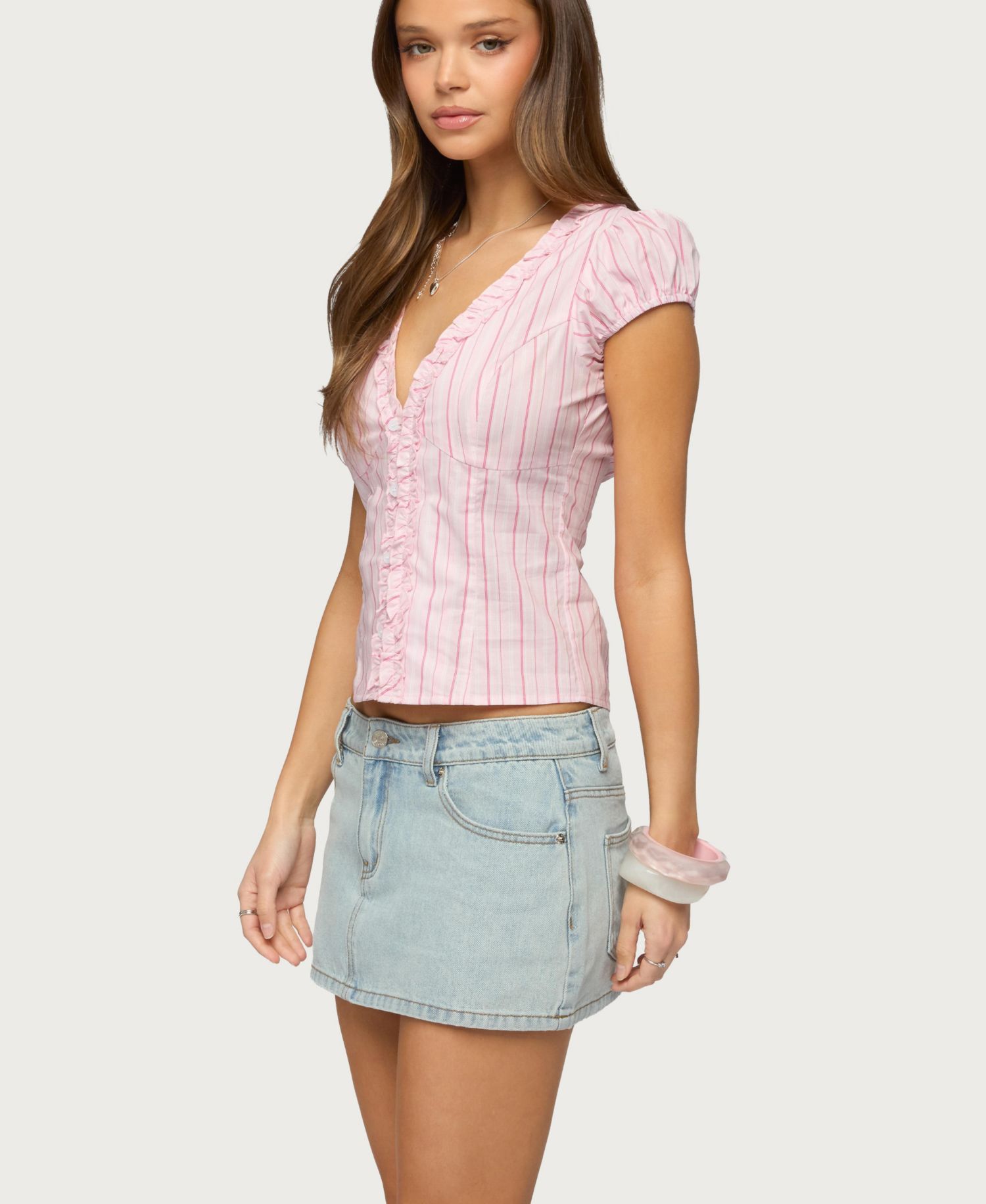 Women's Georgia Ruffle Striped Button Up Top