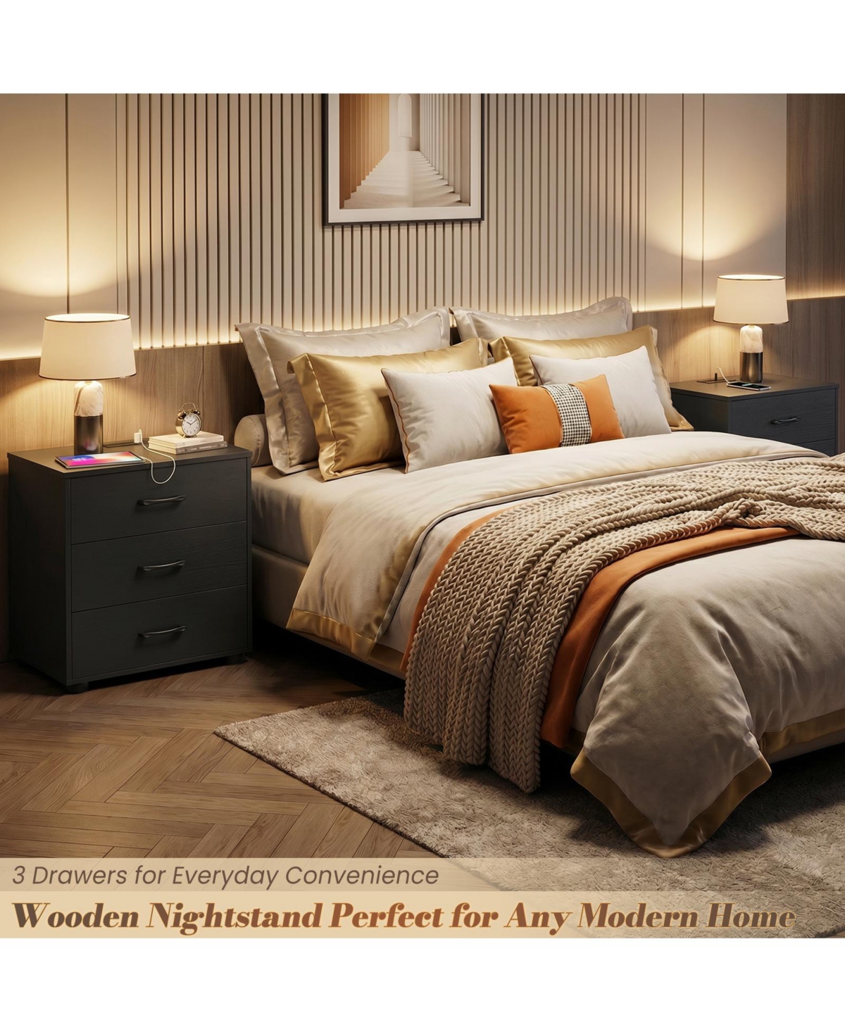 Aheaplus Wooden Nightstands with 3-Drawers, Stackable Dresser Charging Station, End Table