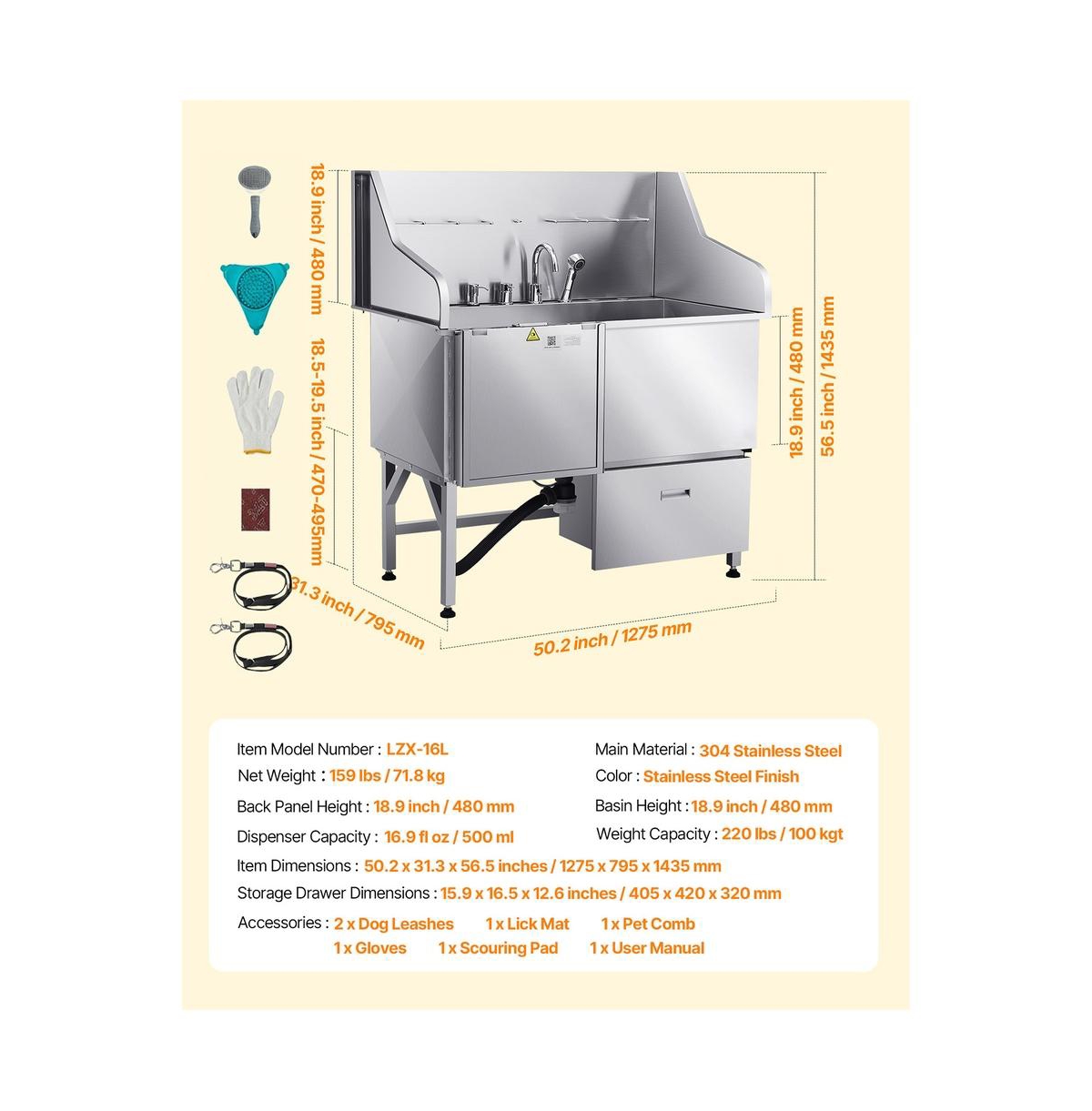 Ruie 50 inch Stainless Steel Dog Washing Station with Ramp Faucet and Showerhead Left Door