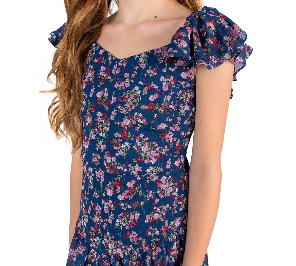 Rare Editions Girls' 7-16 Floral Lurex Stripe Chiffon Dress