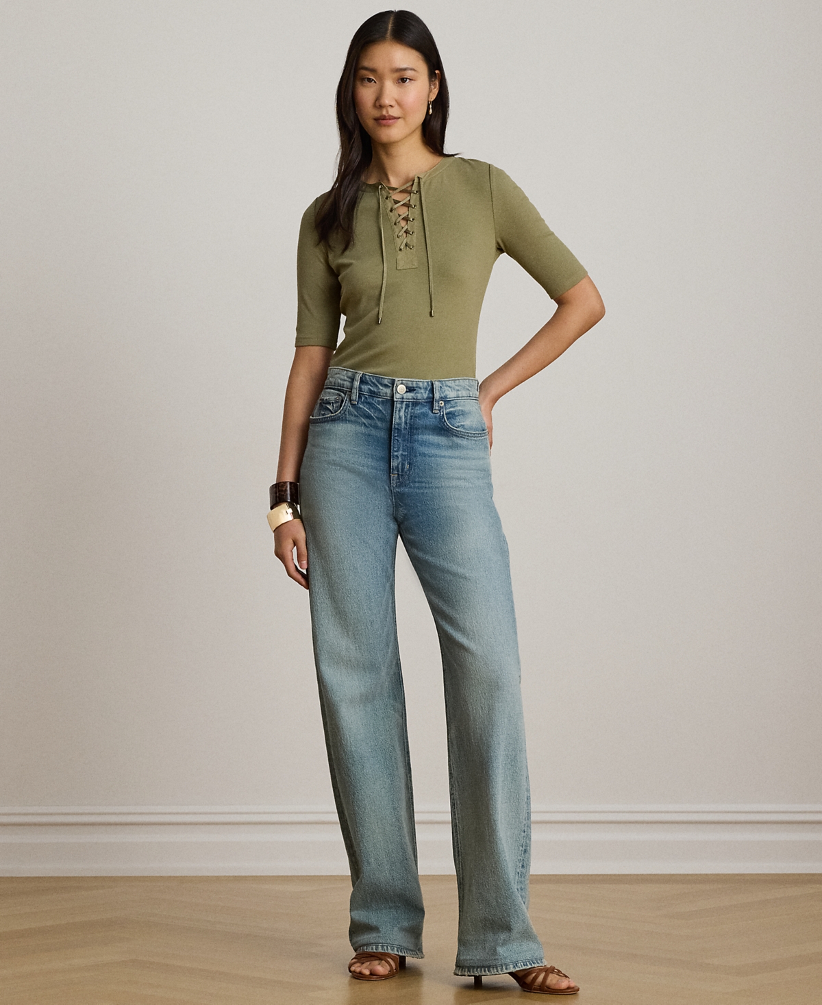 Lauren Ralph Petite Crewneck Lace-Up Ribbed Elbow-Sleeve T-Shirt