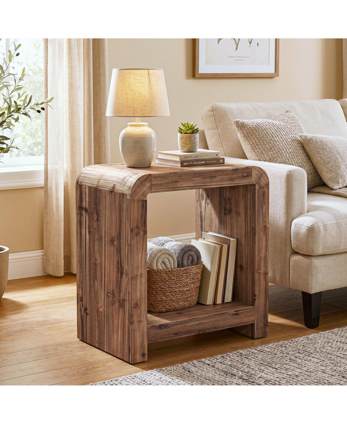 Tribesigns 2-Tier Solid Wood End Table, Farmhouse Rustic Nightstand,Narrow Side Table with Storage Shelves