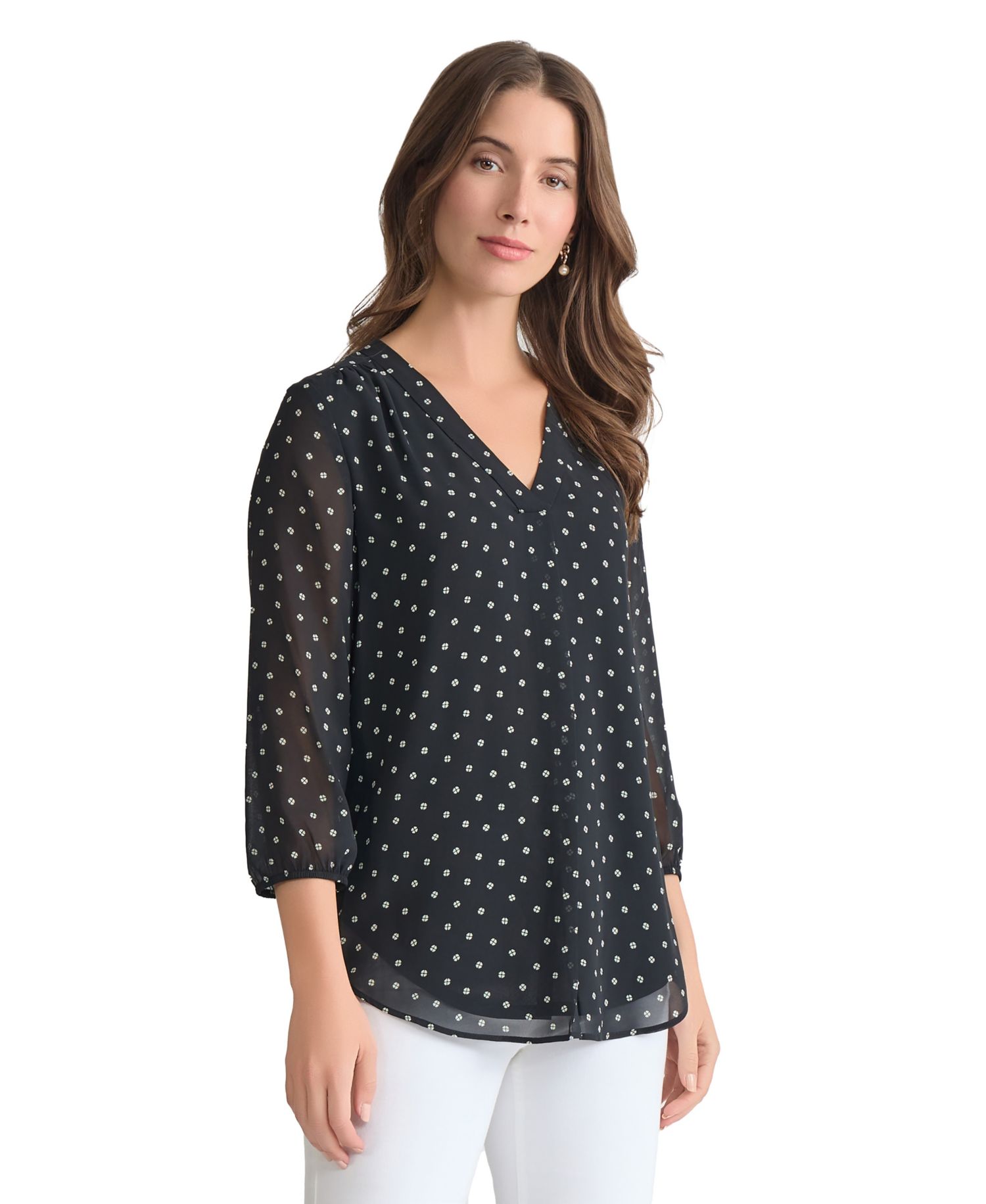 Women's V-Neck Pleat Front 3/4-Sleeve Tunic