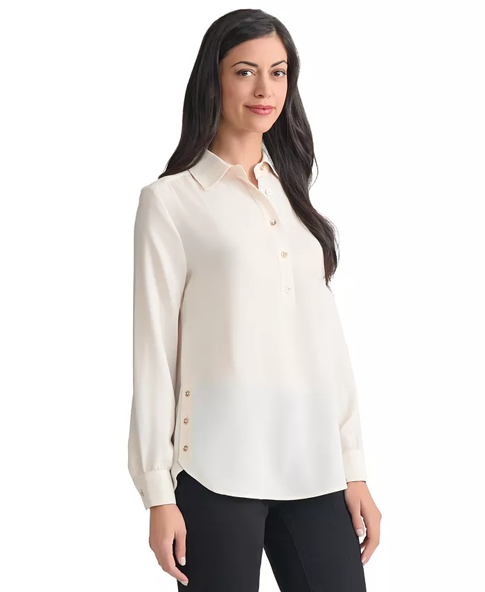 Long Sleeve Shirttail Side Button Popover Tunic - thumbnail 3