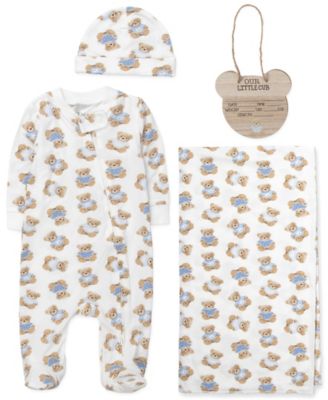 Baby Essentials Baby Boys Bear Print coverall Blanket Hat and Wooden Sign 4-Piece Set - Navy 35$