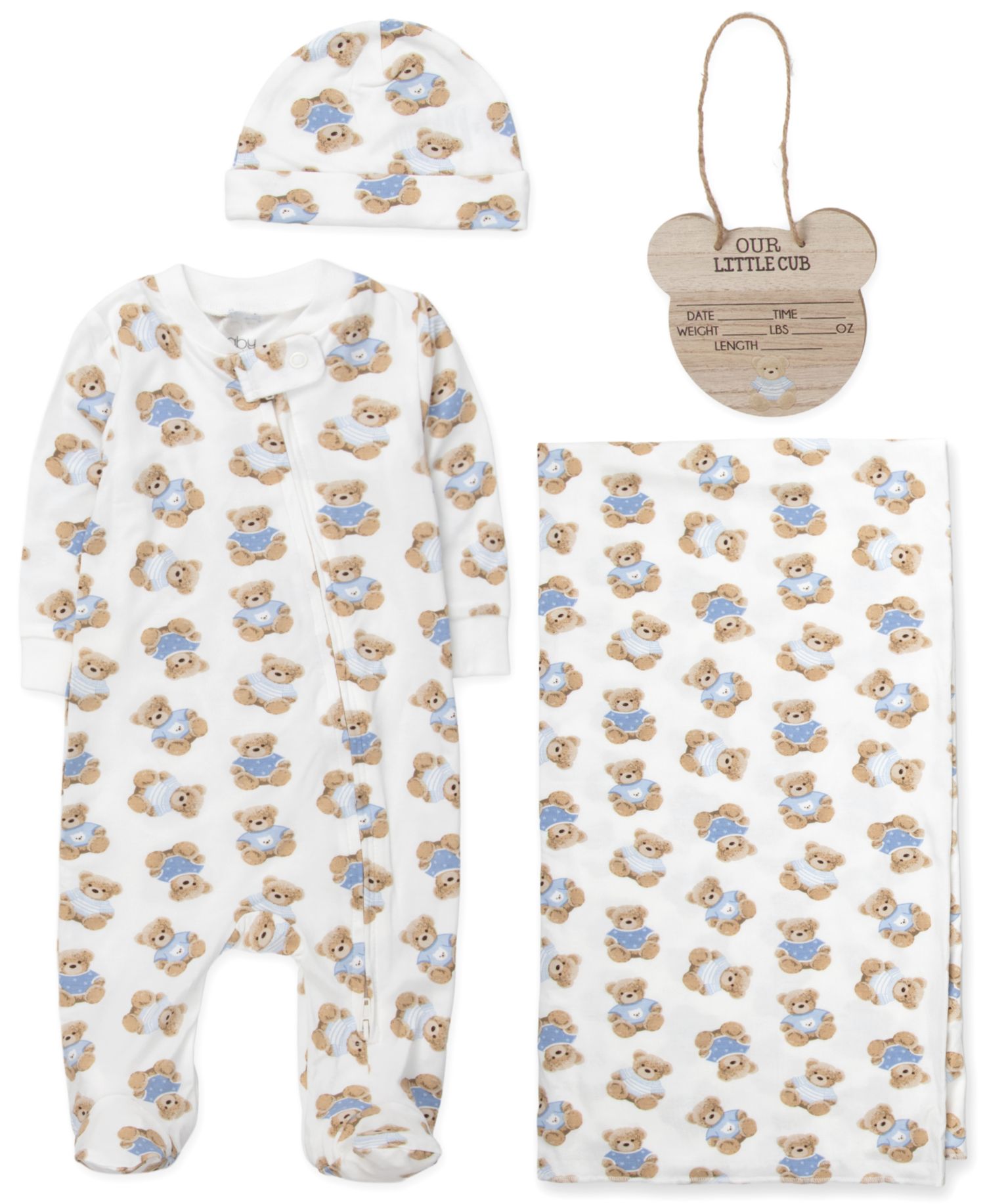 Baby Boys' Bear Print Coverall, Blanket, Hat and Wooden Sign, 4-Piece Set