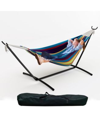 Double Hammock with Foldable Steel Stand and Carry Bag, Weight Capacity Indoor Outdoor Standing Hammock, Portable Cotton Hammock