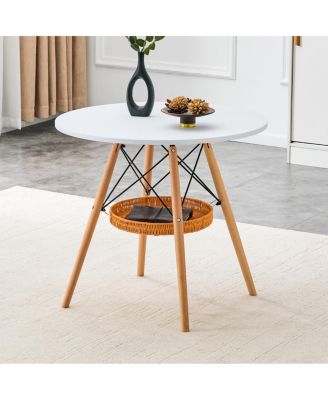 31.5" Circular Dining Table with Woven Storage Basket and Wood Legs