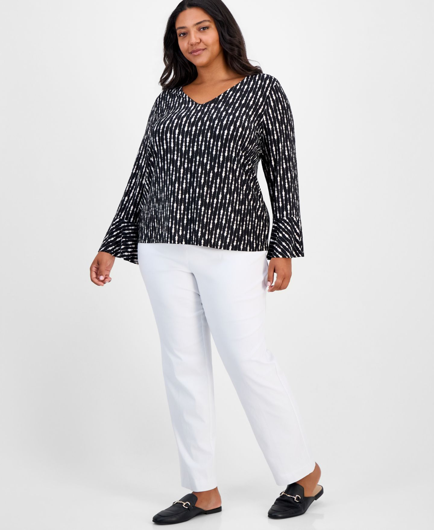 Женский топ JM Collection Plus Size Texture Stripe 3/4-Sleeve Flounce, цвет: Глубокий чёрный — фото 3
