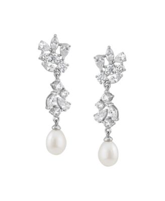 Cultured Freshwater Pearl (9 x 7mm) & White Cubic Zirconia (5-1/2 ct. t.w.) Drop Earrings in Sterling Silver
