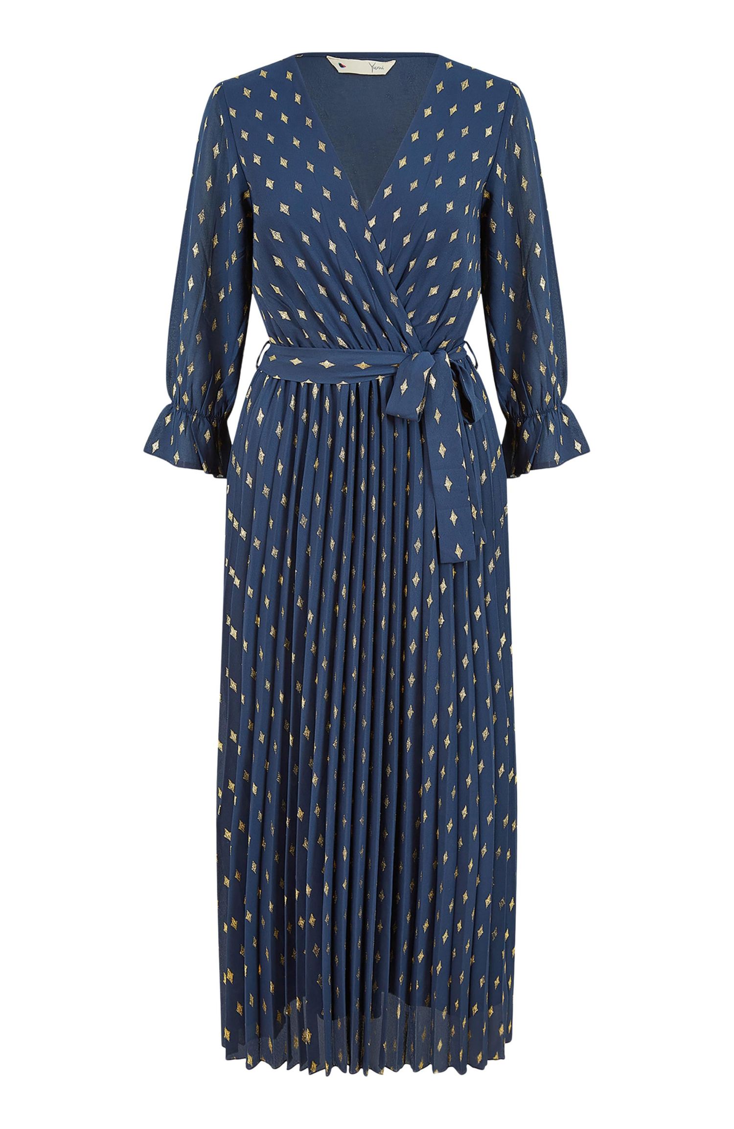 Women's Foil Printed Pleated Wrap Midi Dress