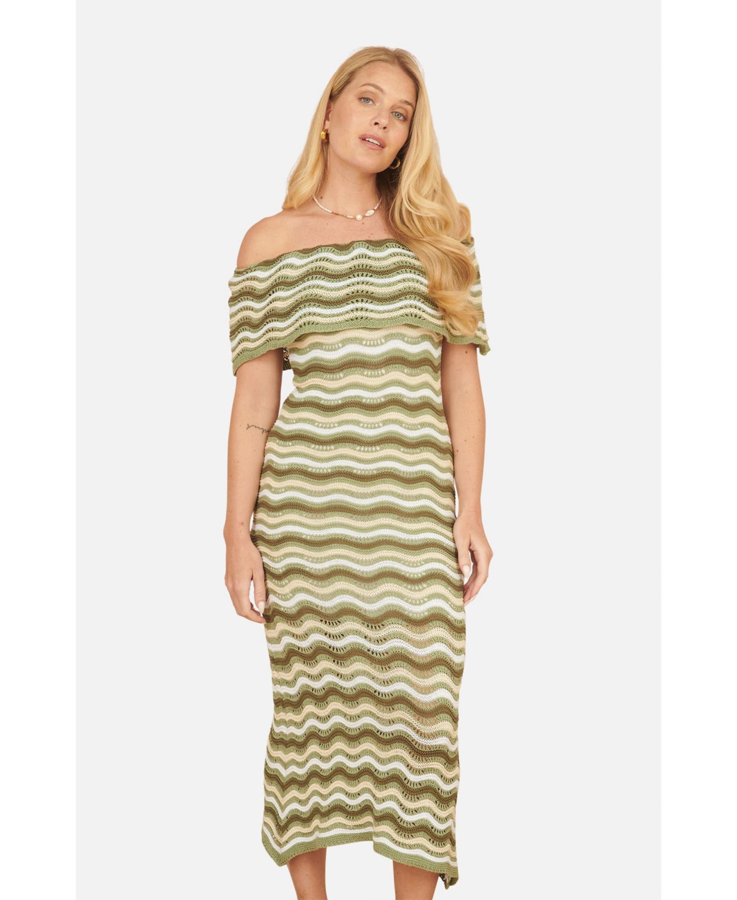 Women's Stripe Crochet Knit Bardot Midi Dress