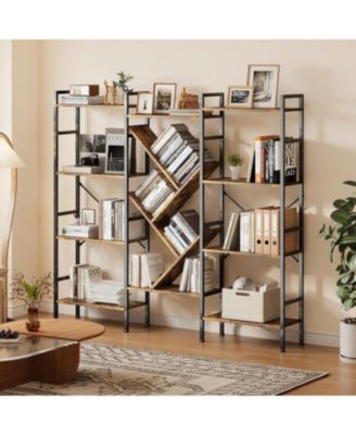 Industrial Bookcase, 4-Tier Large Bookshelf with Unique Tree Design Shelves, Heavy-Duty Open Storage Shelf with Steel Frame