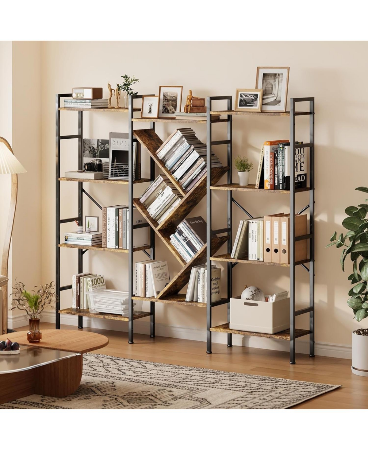 gaomon Industrial Bookcase, 4-Tier Large Bookshelf with Unique Tree Design Shelves, Heavy-Duty Open Storage Shelf with Steel Frame