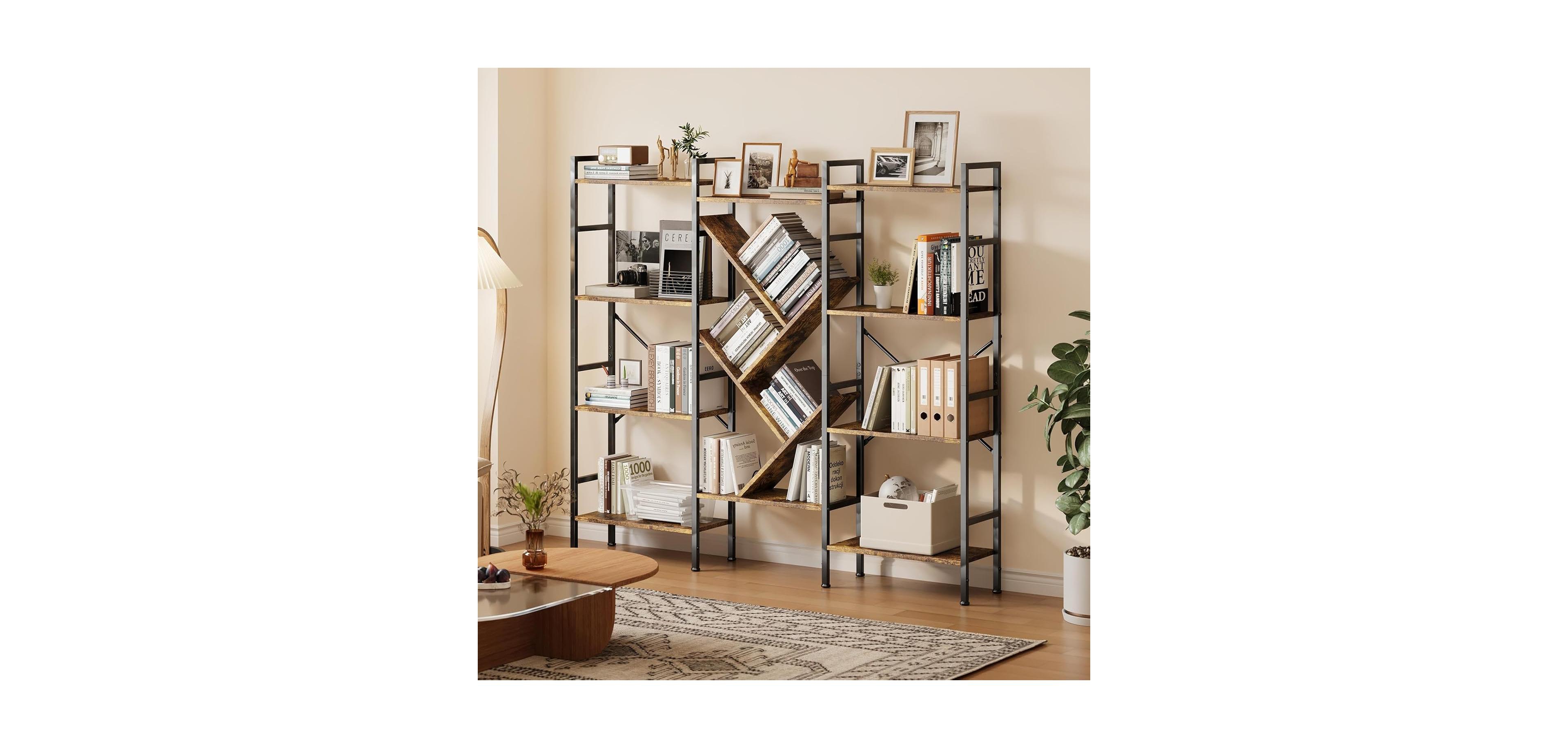 gaomon Industrial Bookcase, 4-Tier Large Bookshelf with Unique Tree Design Shelves, Heavy-Duty Open Storage Shelf with Steel Frame