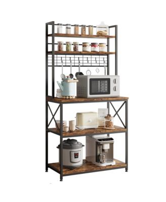 5-Tier Kitchen Storage Shelf with 6 Hooks, Microwave Stand, Coffee Bar Station, Freestanding Organizer, for Kitchen