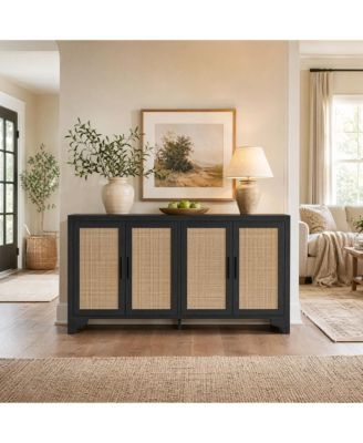 62.2 Inch Woven Buffet Sideboard, 4-Door Storage Cabinet with Shelves, Modern Farmhouse Wooden Console Table