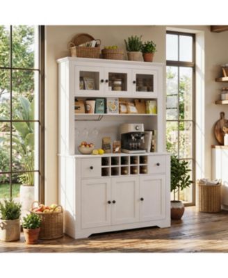 68.7 Inch Kitchen Pantry Cabinet with LED Lights and Charging Station, Large Hutch with Wine Rack and Adjustable Shelves