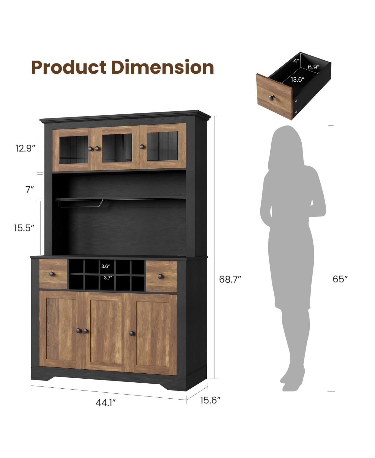 homfan 68.7 Inch Kitchen Pantry Cabinet with Led Lights and Charging Station, Large Hutch Wine Rack Adjustable Shelves