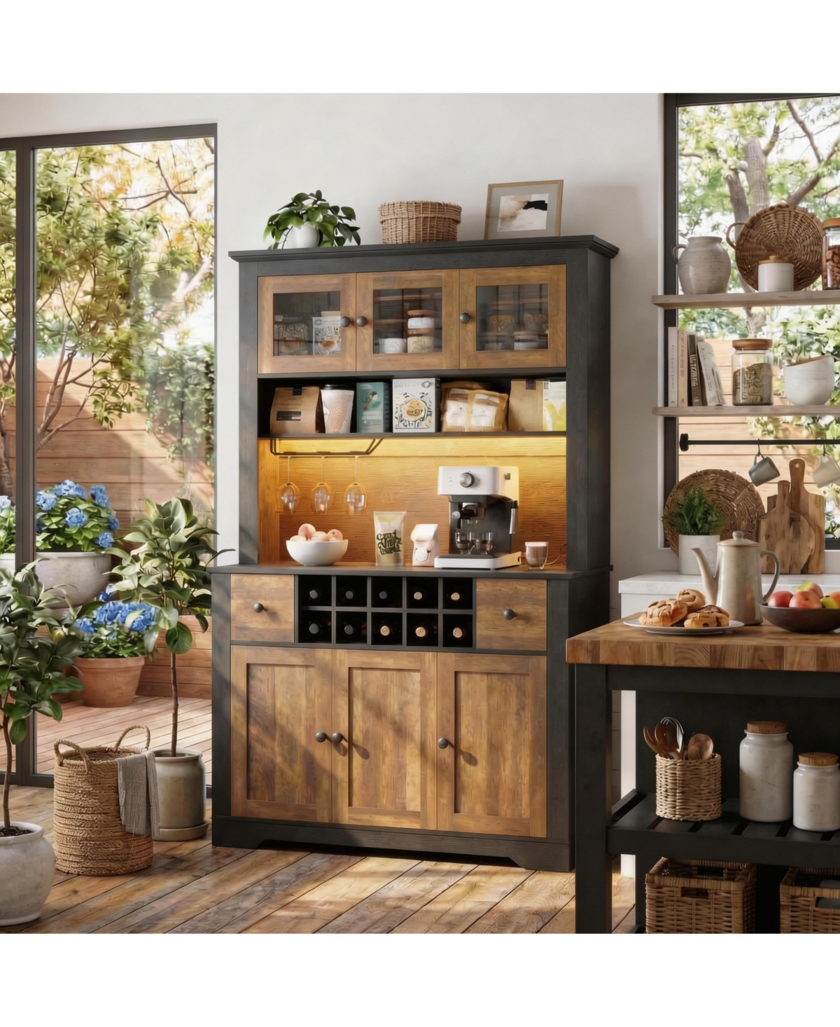 homfan 68.7 Inch Kitchen Pantry Cabinet with Led Lights and Charging Station, Large Hutch Wine Rack Adjustable Shelves