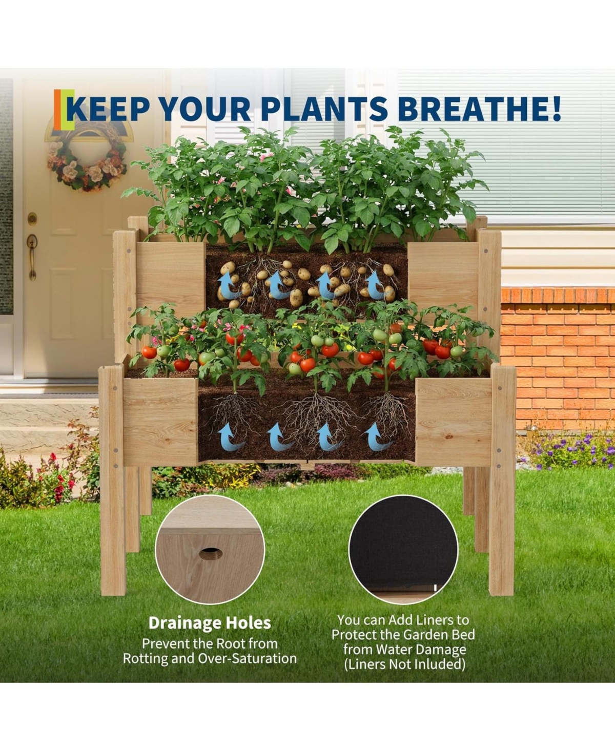 Xo 34x34x29 in 2-Tier Wooden Raised Garden Bed with Legs, Elevated Planter Box with Drainage, 352 lbs Capacity