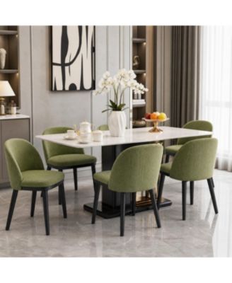 Set of 6 Upholstered Dining Chairs - Modern Green Linen Side Chairs - Thick Cushions, Curved Backrest - Sturdy Wood Legs