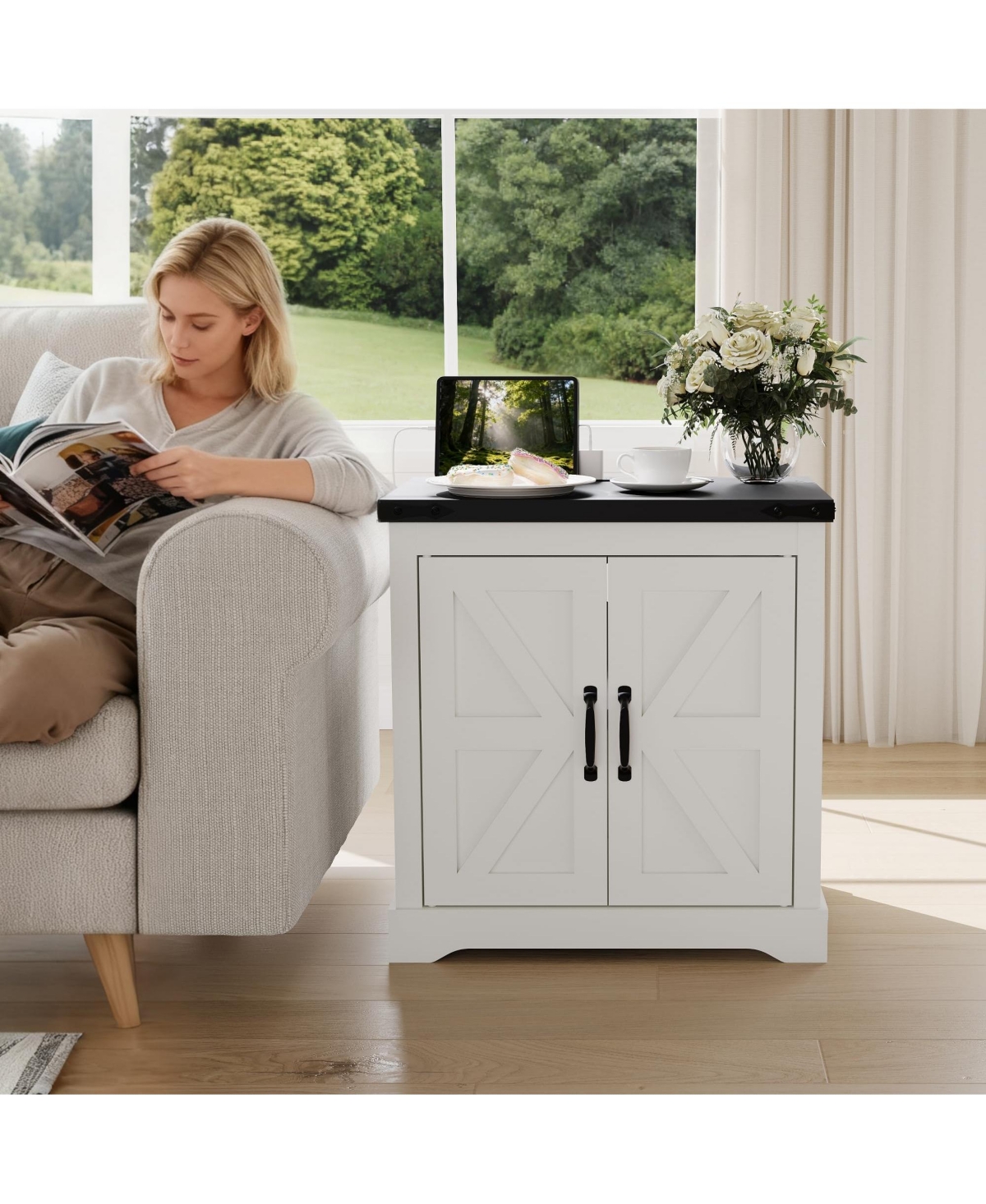 homfan Farmhouse End Table with Charging Station, Barn Door Nightstand with Adjustable Shelf for Bedroom, Living Room, or Office
