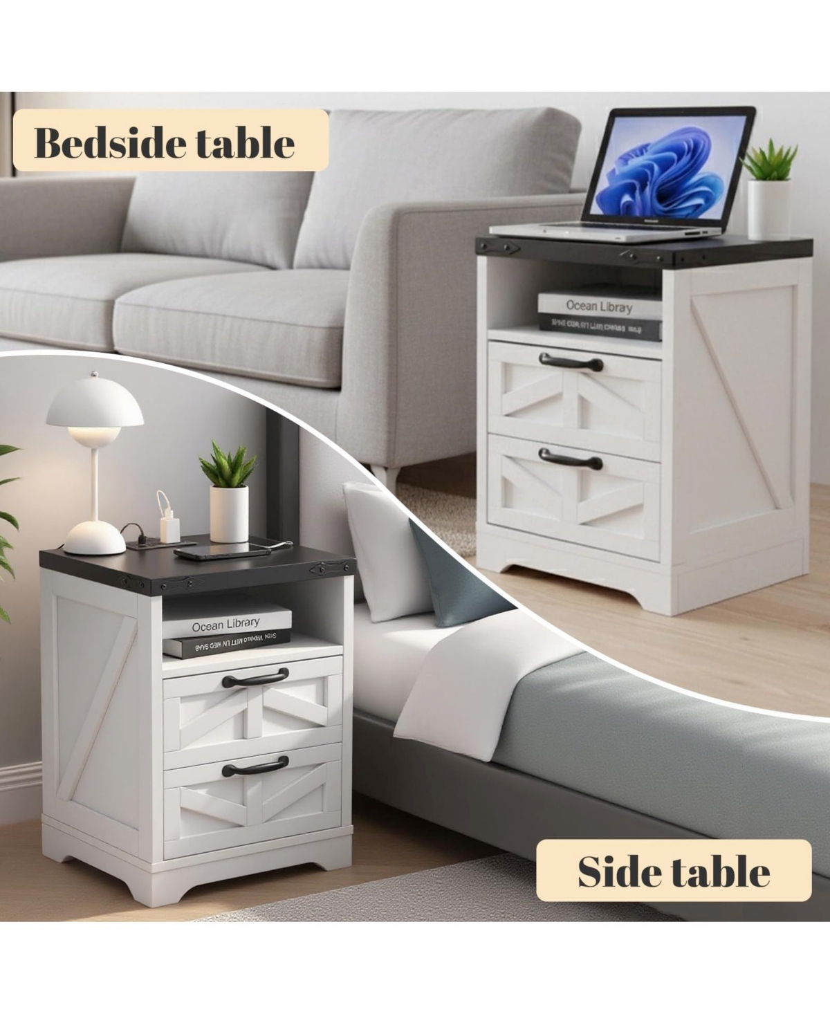homfan Farmhouse Nightstand Set of 2 with Charging Station, 2 Drawers and Open Shelf, Bedside Tables for Bedroom, Living Room, or Entryway