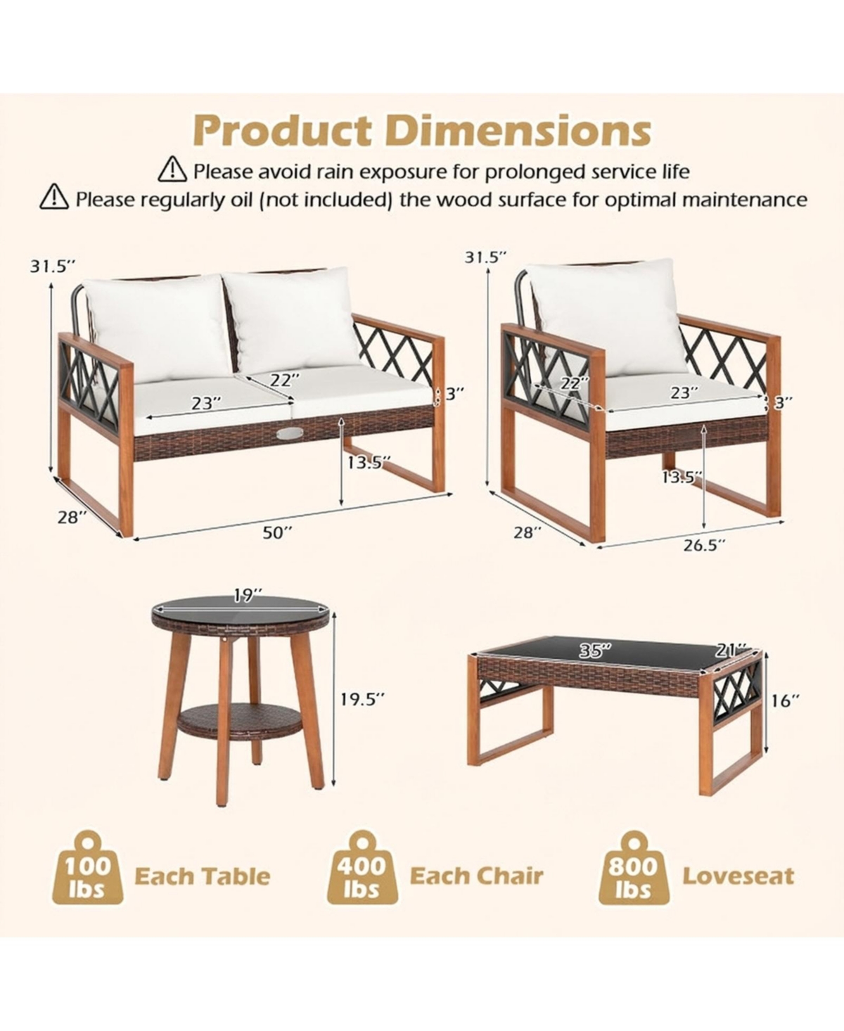 Sugift 5-Piece Pe Wicker Patio Furniture Set with Acacia Wood Frame