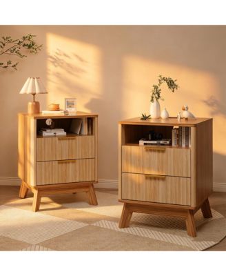 Fluted Nightstand with Charging Station, Curved Side Table with 2 Drawers and Open Cubby, Bedroom or Living Room End Table, Single or Set of 2