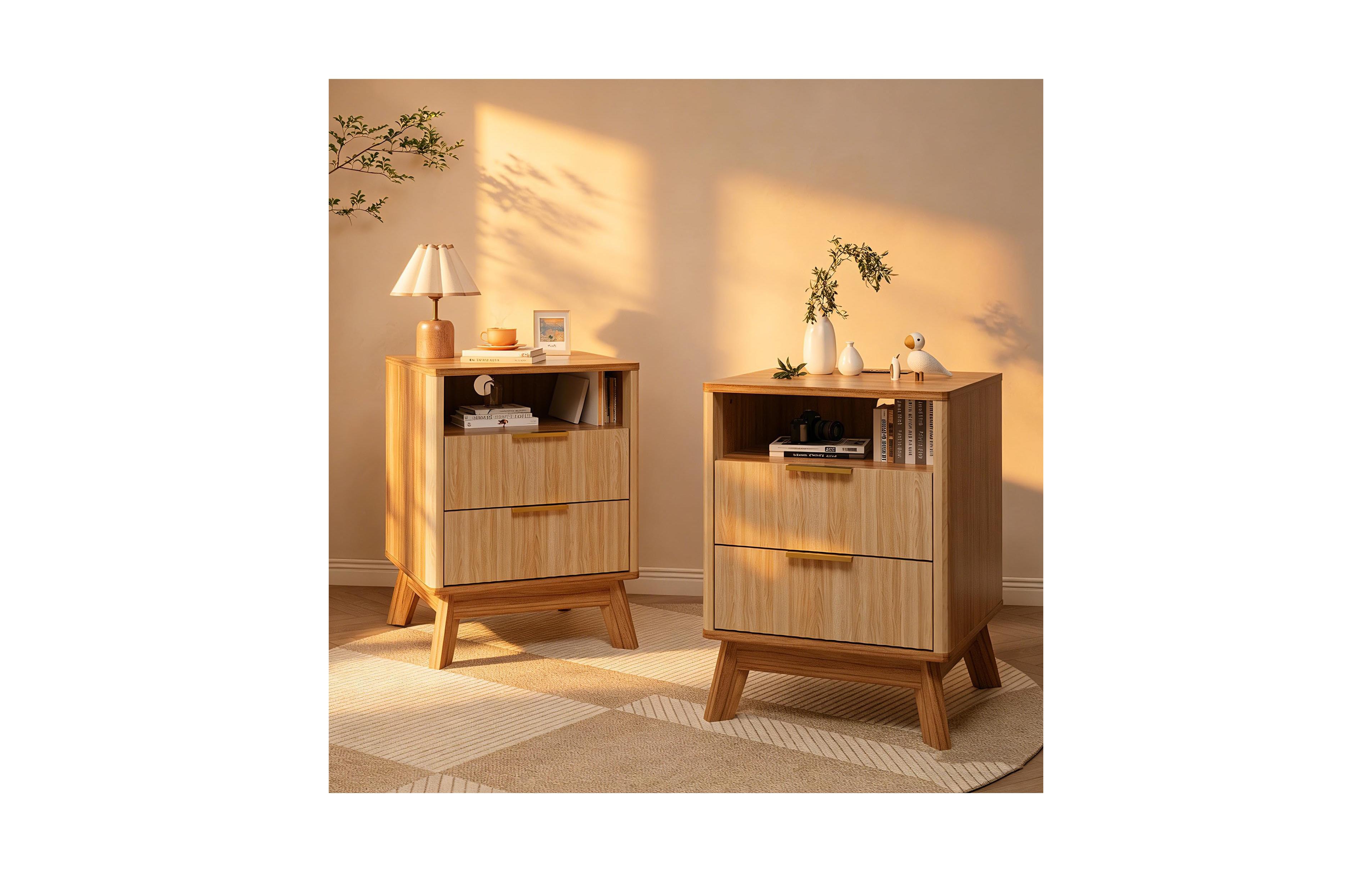 homfan Fluted Nightstand with Charging Station, Curved Side Table 2 Drawers and Open Cubby, Bedroom or Living Room End Table, Single Set of