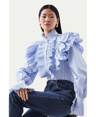 Women's Pleated Striped Ruffle Woven Shirt