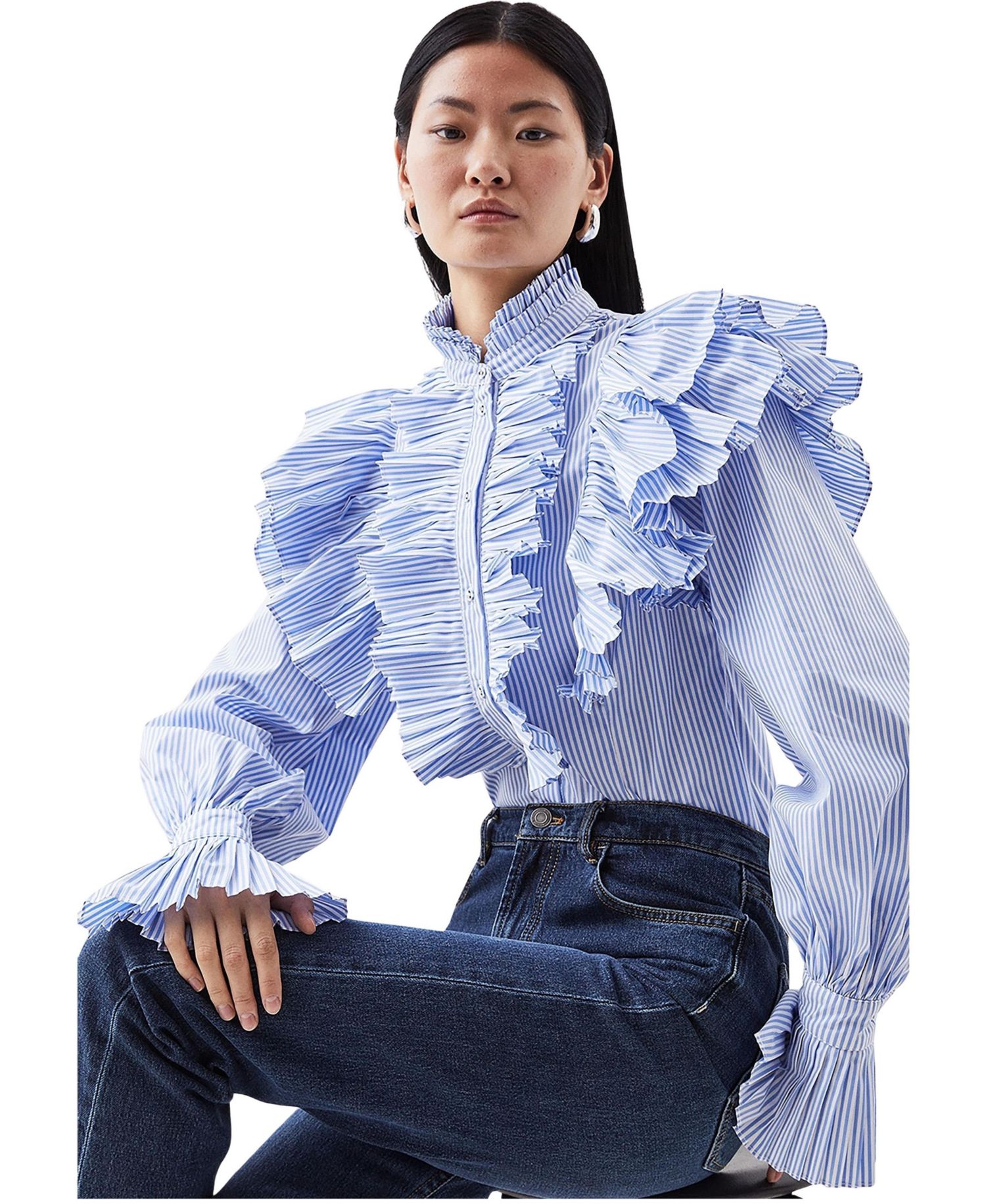 Women's Pleated Striped Ruffle Woven Shirt