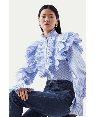 Karen Millen Women's Pleated Striped Ruffle Woven Shirt - Macy's