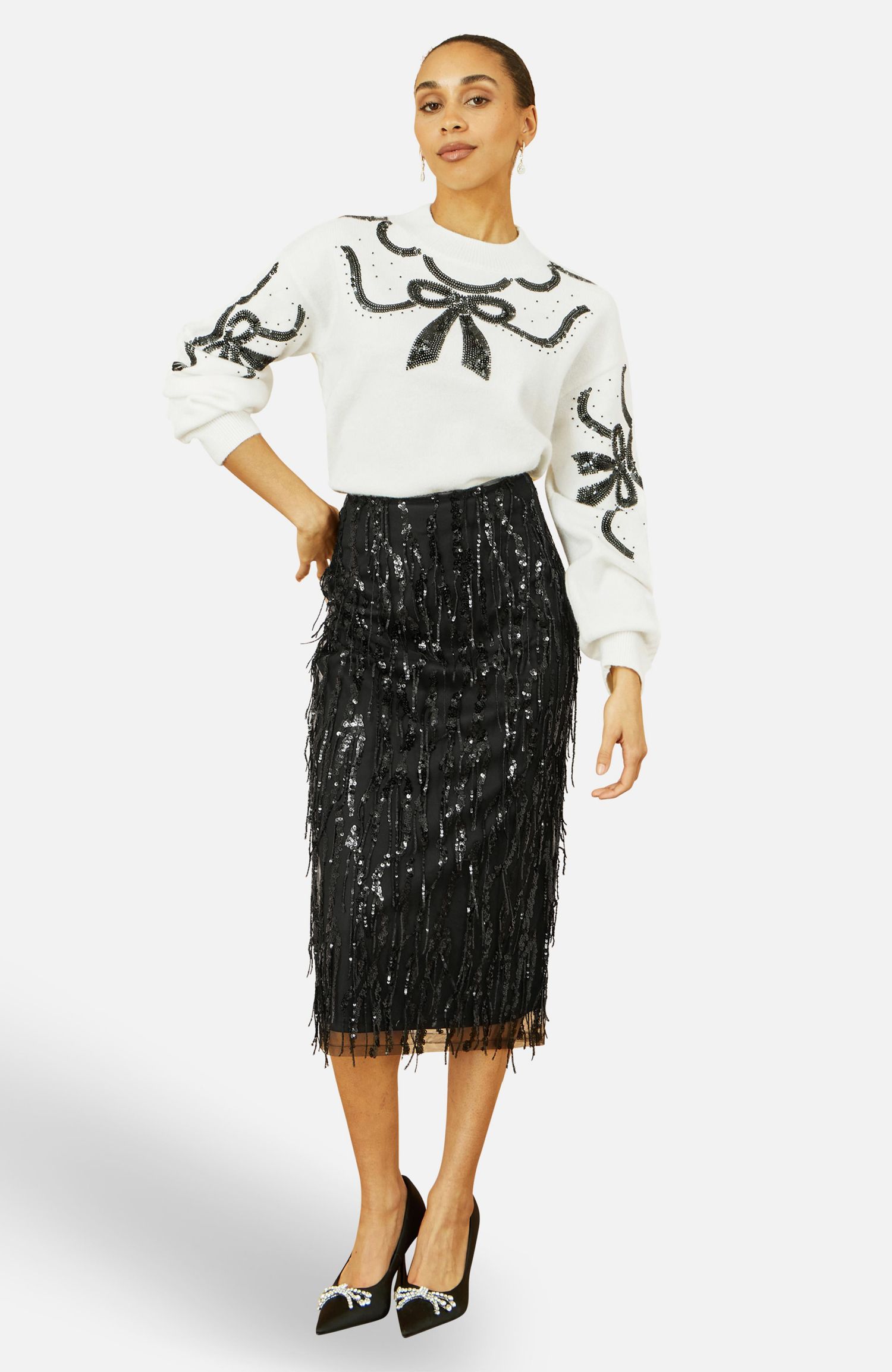 Women's Hanging Sequin Fitted Midi Skirt